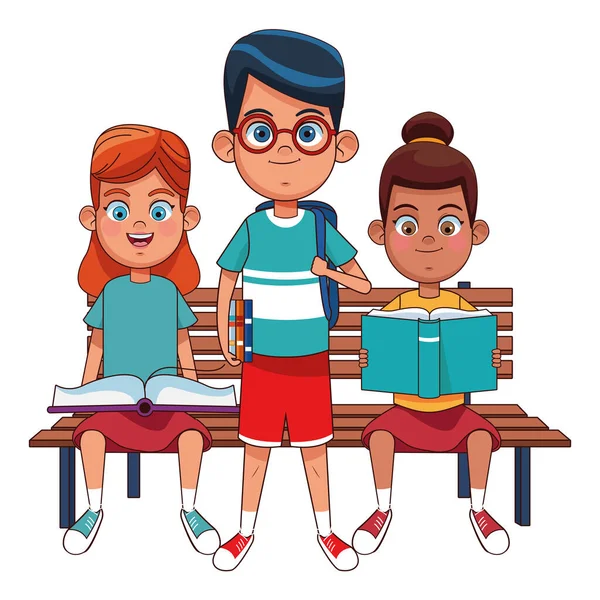 Kleine Kinder mit Büchern auf einer Bank — Stockvektor