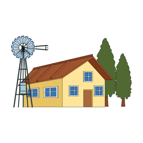 Pompe à eau éolienne et maison de ferme — Image vectorielle