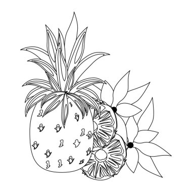 Lezzetli taze narenciye ananas çizgi filmi siyah beyaz