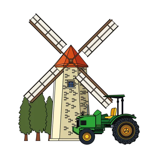 Design der Windmühle und des landwirtschaftlichen Lastwagens — Stockvektor