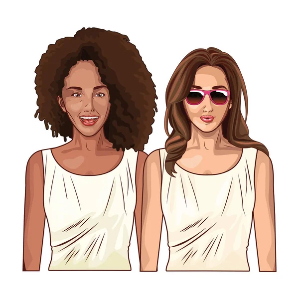 Pop arte hermosas mujeres sonriendo dibujos animados — Vector de stock