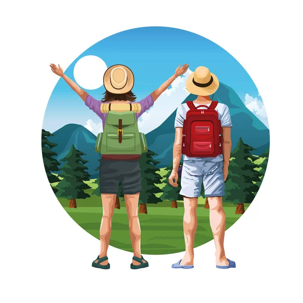 Backpack travelers young tourists cartoon — Stock Vector