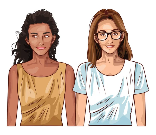 Pop arte mulheres modelos sorrindo desenhos animados —  Vetores de Stock