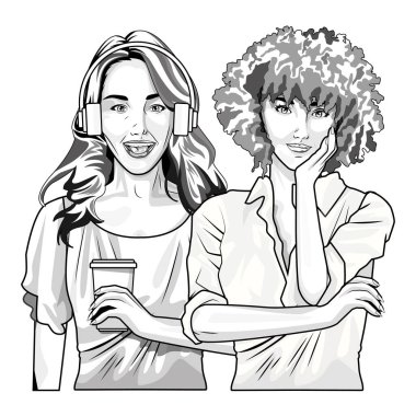 Pop art moda ve siyah beyaz güzel kadın karikatür