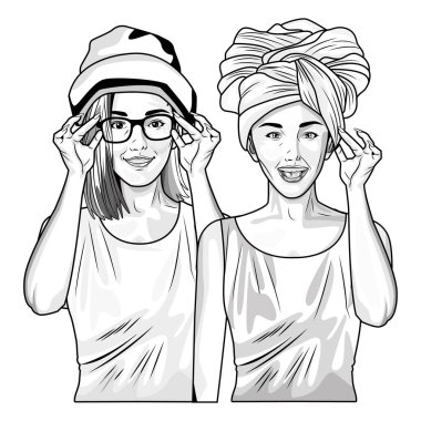 Pop art moda ve siyah beyaz güzel kadın karikatür