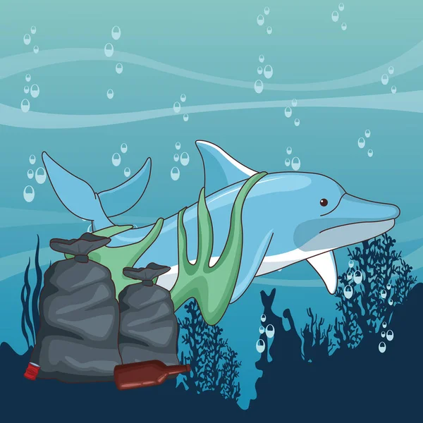 Λυπημένο δελφίνι με σακούλες σκουπιδιών — Διανυσματικό Αρχείο
