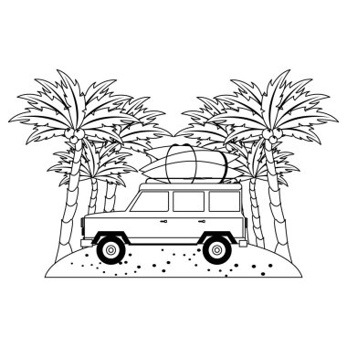 Plaj karikatüründe siyah beyaz sörf masaları olan yaz vitnage minibüsü.