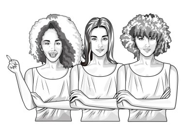 Pop art güzel kadın siyah beyaz karikatür gülümseyen