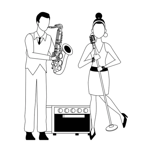 Chanteuse de dessin animé femme et saxophoniste, design plat — Image vectorielle