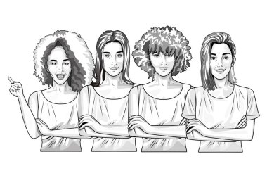 Pop art güzel kadın siyah beyaz karikatür gülümseyen