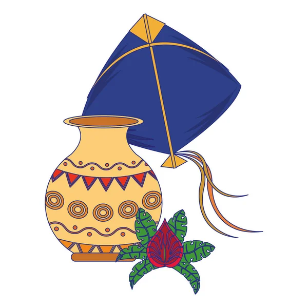 Flores de loto indias y tarros de porcelana decorativos con hojas de líneas azules — Vector de stock