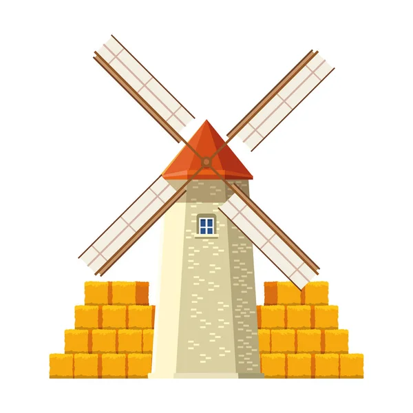 Moulin à vent et balles de foin — Image vectorielle