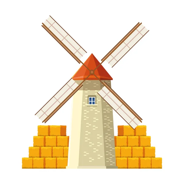 Windmolen en balen hooibergen — Stockvector