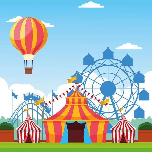 Feria festival con diversión atracciones escenografía — Vector de stock