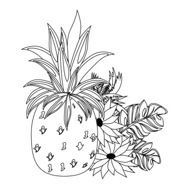 Lezzetli taze narenciye ananas çizgi filmi siyah beyaz