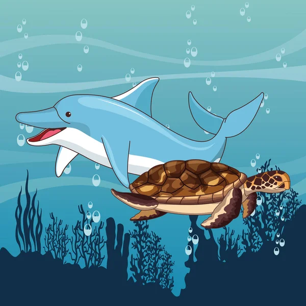 Δελφίνι και χελώνα κολύμπι μαζί — Διανυσματικό Αρχείο