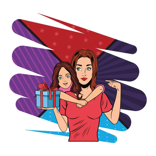 Mujer y niña con caja de regalo pop art — Vector de stock