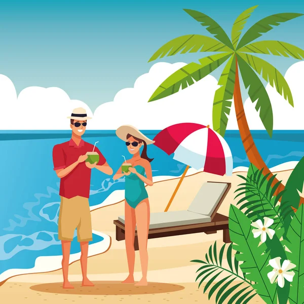 Estate coppia in spiaggia cartone animato — Vettoriale Stock