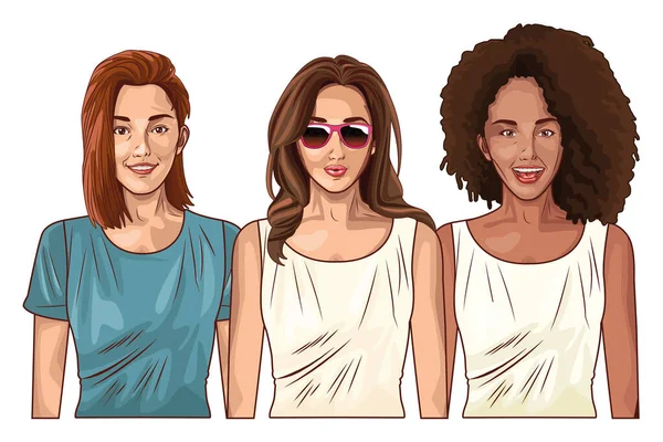 Pop arte mulheres bonitas desenhos animados sorridentes —  Vetores de Stock