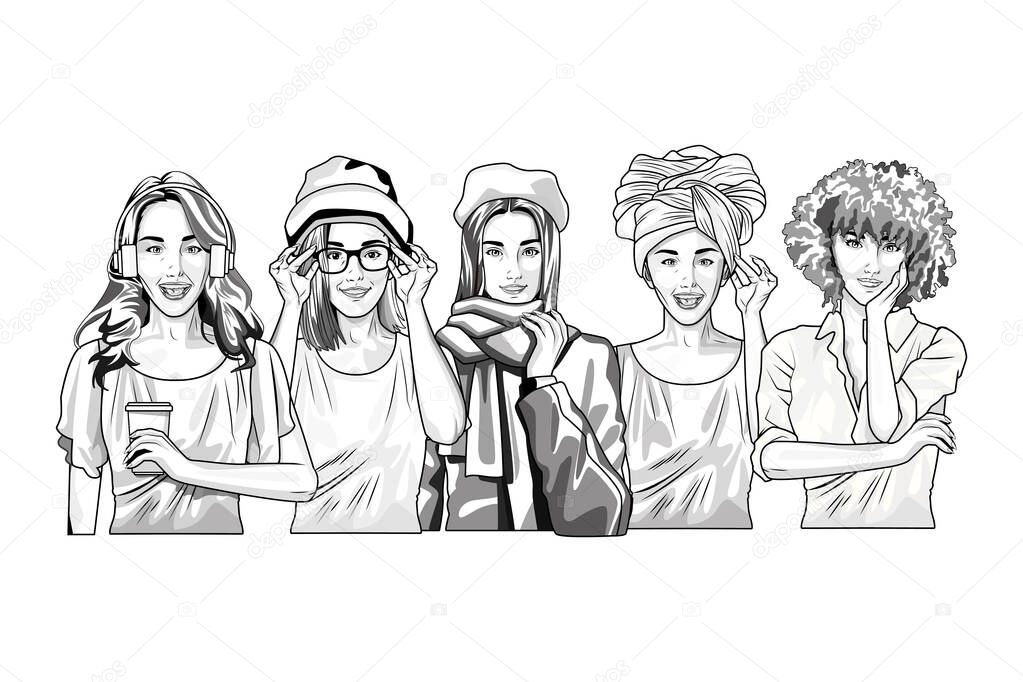 Pop art fashion and beautiful women cartoon in black and white