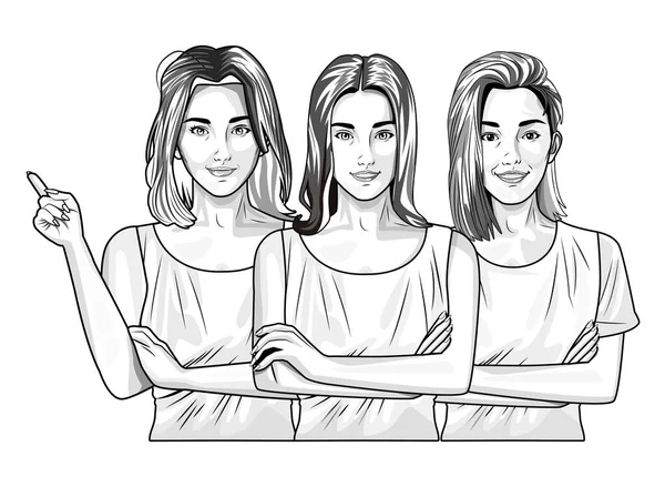 Pop arte mulheres bonitas sorrindo desenhos animados em preto e branco —  Vetores de Stock