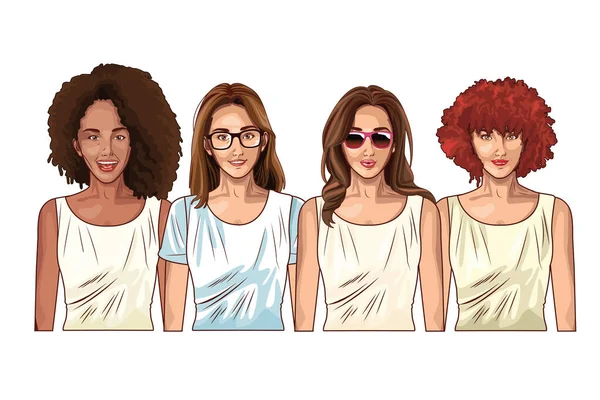 Pop arte mulheres bonitas desenhos animados sorridentes —  Vetores de Stock