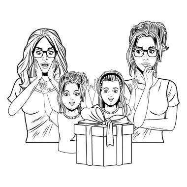 Kadınlar ve kızlar hediye kutusuyla siyah beyaz