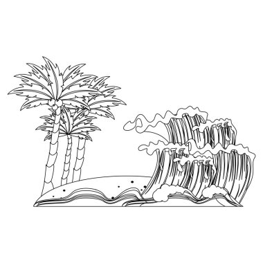 Palmiyeler ve deniz dalgaları olan plaj karikatür manzarası siyah ve beyaz izole