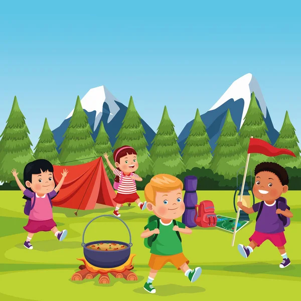 Niños en una zona de camping — Vector de stock