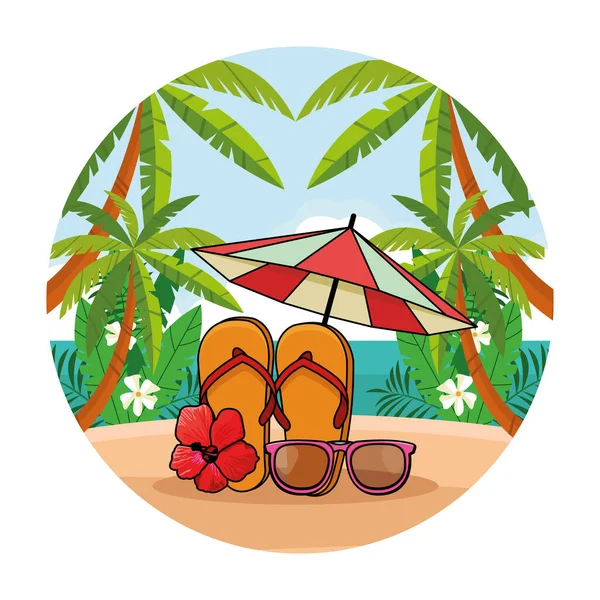 Paraguas y chanclas con gafas de sol — Vector de stock