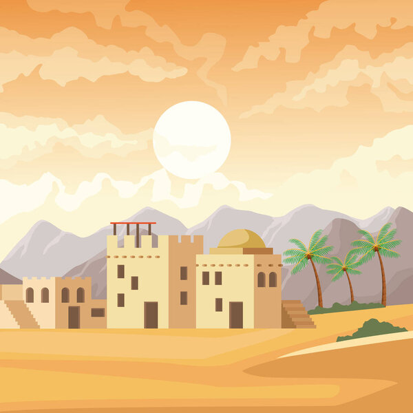 India buildings in the desert scenery cartoon