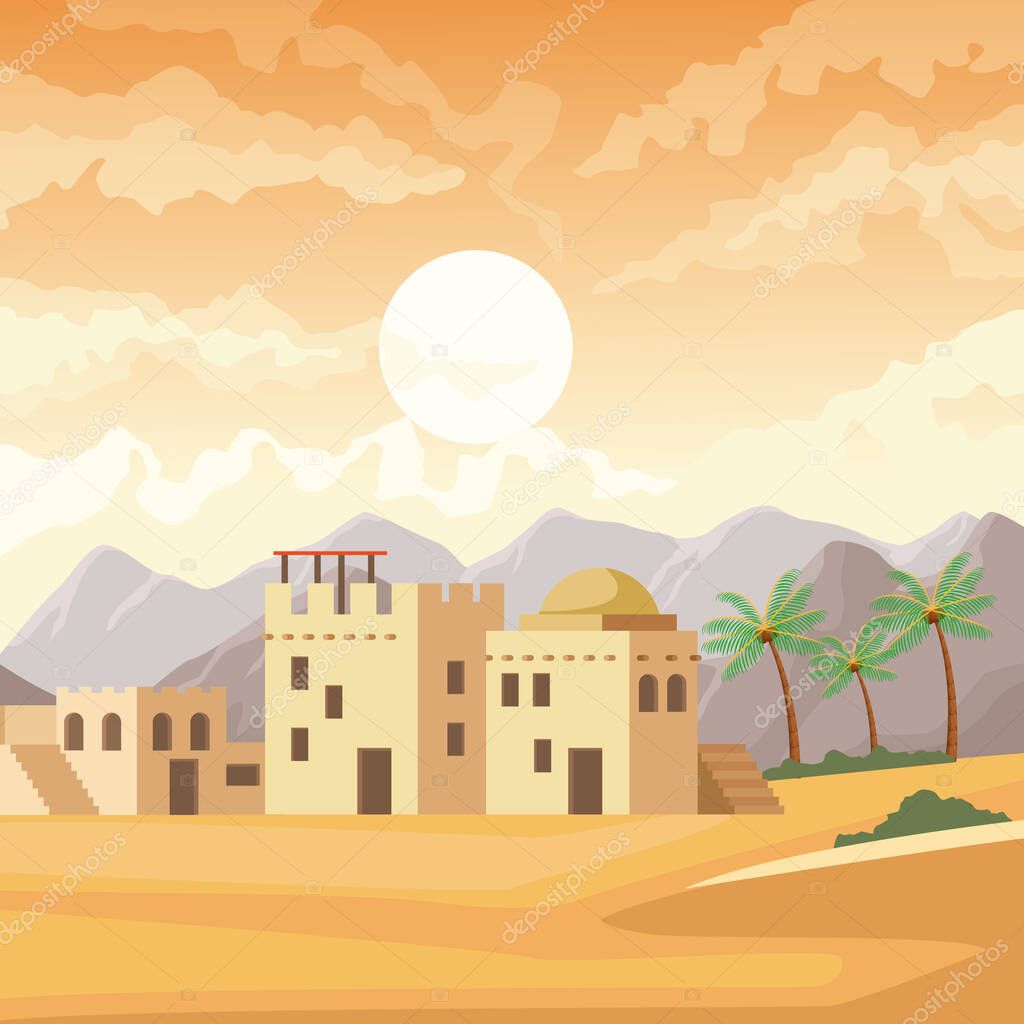 India buildings in the desert at sunnyday with palms and mountains scenery cartoon vector illustration graphic design