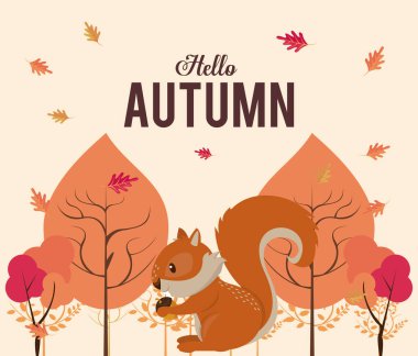 Hoş hayvan çizgi filmleriyle dolu sonbahar kartı.