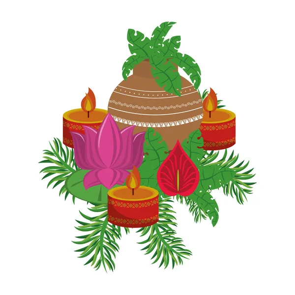 Flores de loto indias y tarros de porcelana decorativos con hojas — Vector de stock