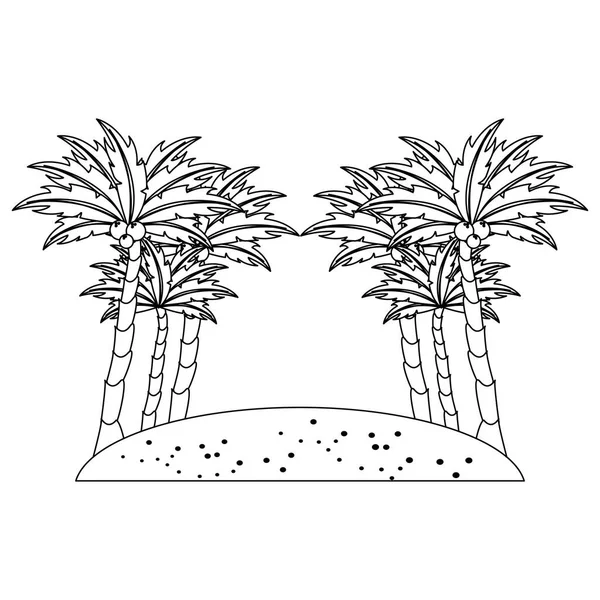 Playa con arena y palmeras de árboles paisaje dibujos animados aislados en blanco y negro — Vector de stock