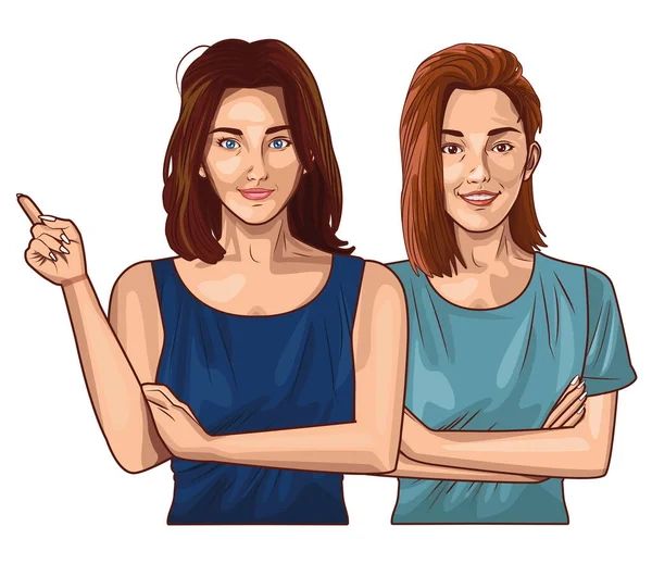 Pop arte hermosas mujeres sonriendo dibujos animados — Vector de stock