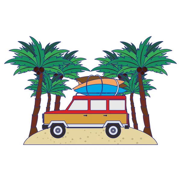 Van de vitnage d'été avec des tables de surf dans le dessin animé de la plage — Image vectorielle