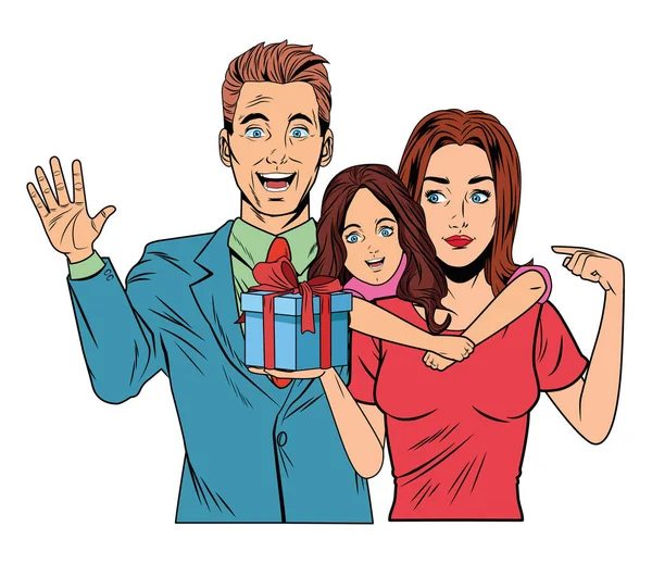 Familie avatar met geschenkdoos — Stockvector
