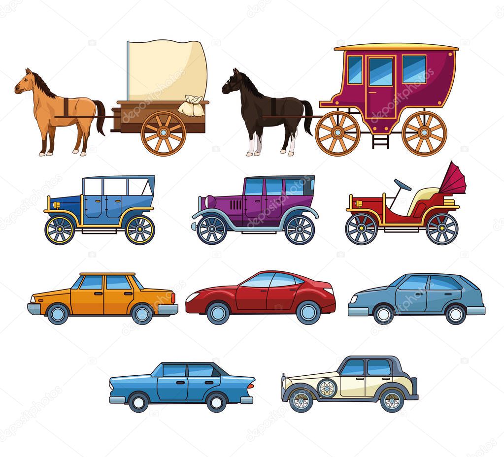 Vintages classec and modern cars with horse carriages