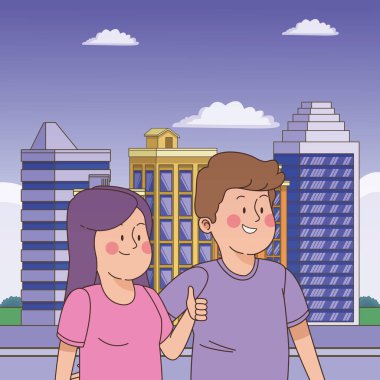 Gençler arkadaşlar gülümseyen ve eğlenceli karikatür sahip