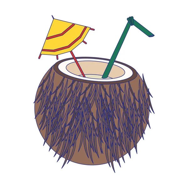 Kokoscocktail met stro en paraplu cartoon — Stockvector
