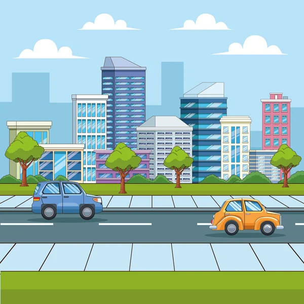 Ciudad y coches paisaje urbano dibujos animados — Vector de stock