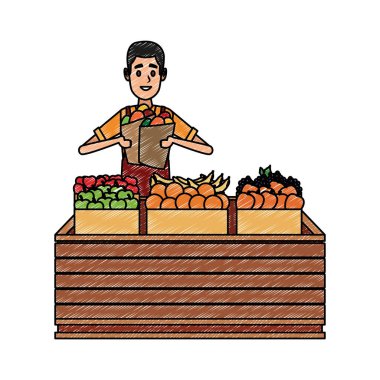 Ahşap kutular karalama üzerinde bakkal ile Adam