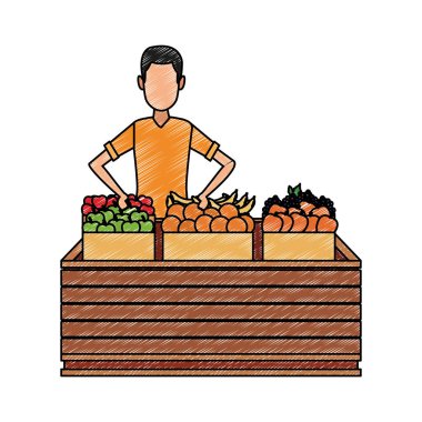 Ahşap kutular karalama üzerinde bakkal ile Adam