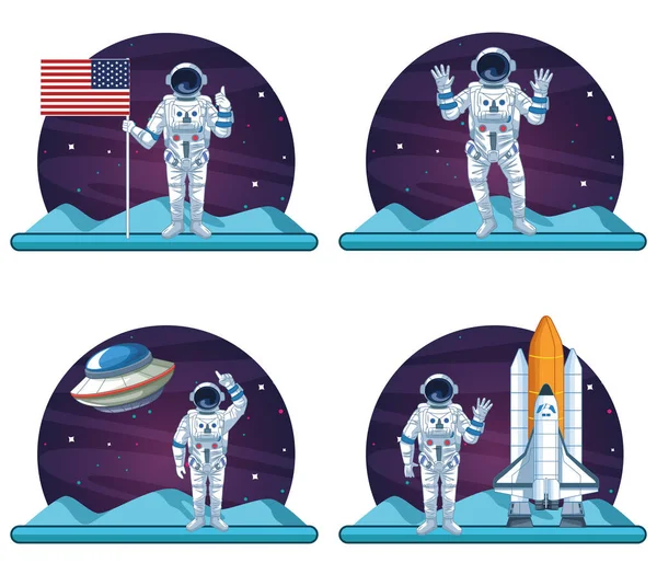 Astronauta e galáxia conjunto de cenários —  Vetores de Stock