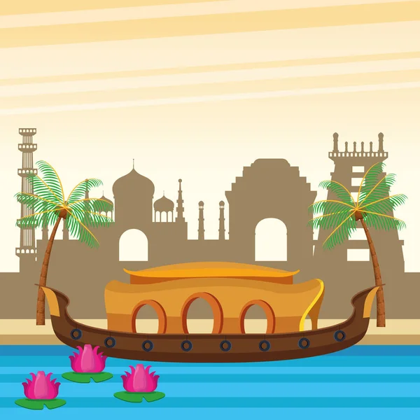 印度小船在江景卡通画中 — 图库矢量图片