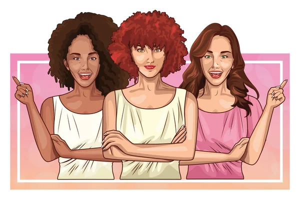 Pop kunst mooie vrouwen glimlachende cartoon — Stockvector