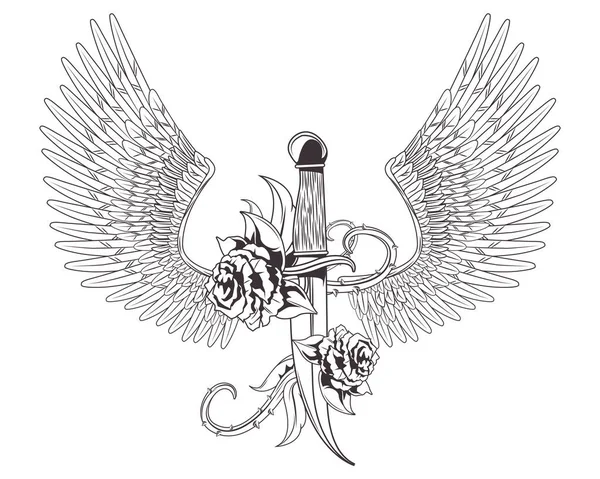 Nóż z różami i skrzydłami rysowane ikona tatuażu — Wektor stockowy