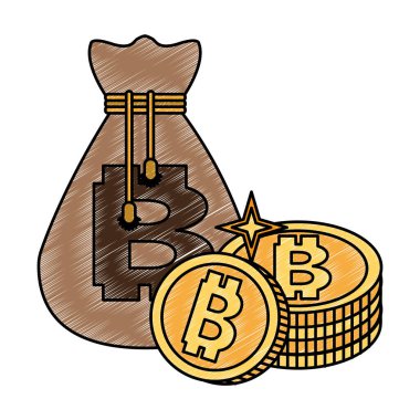 Bitcoins yığılmış ve çanta karalama