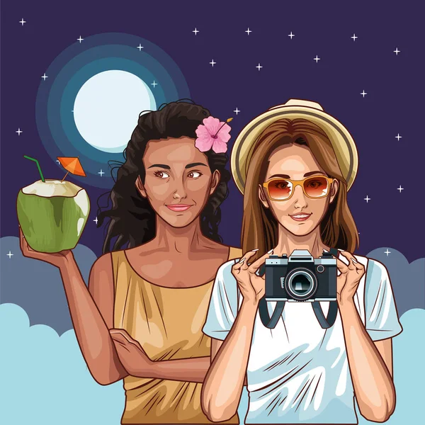 Pop arte mulheres amigos sorrindo desenhos animados — Vetor de Stock